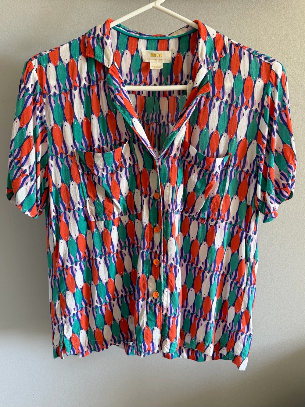 Maeve Teal Orange Purple White Patterned Short Sleeve Button Shirt